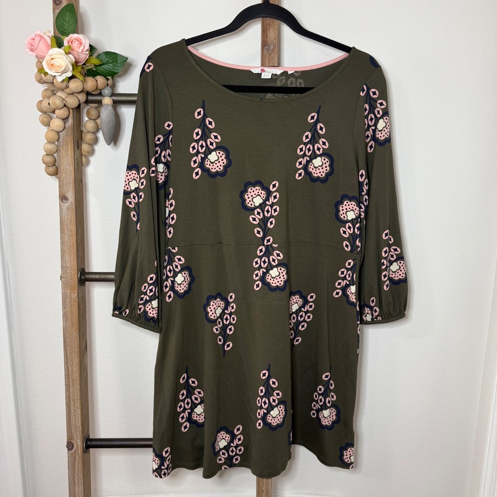 Boden Olive Green Floral Print Three Quarter Sleeve Tunic Dress Size 10P